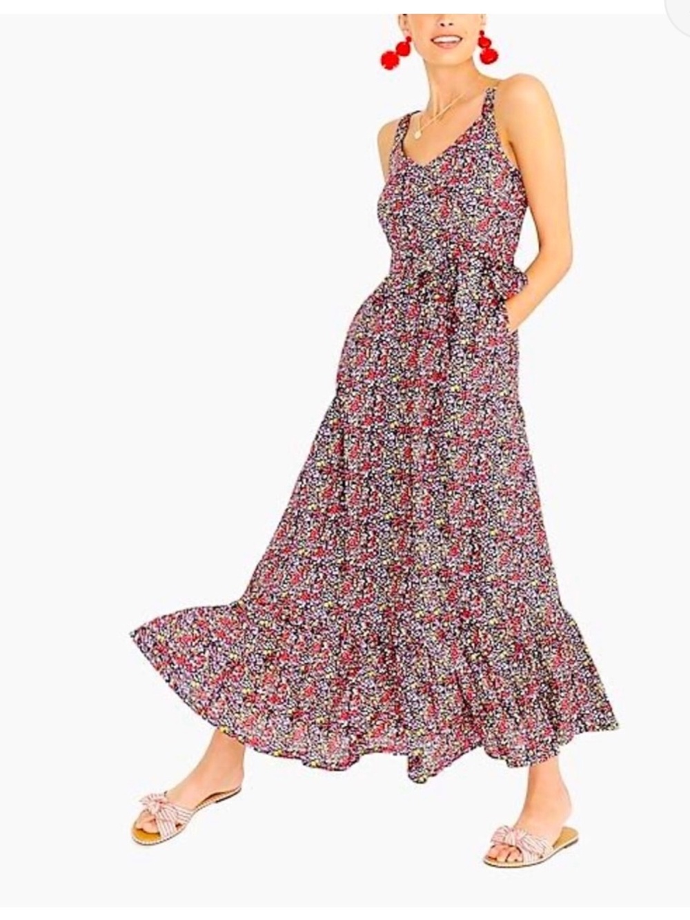 NWT Factory J. Crew Linen Blend Navy Ditsy Floral Tiered Maxi Dress- Size 16